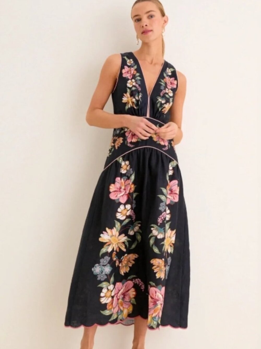 Farm Rio Dark Blue/Navy Maira Floral Linen Midi Dress Sundress Small NWT